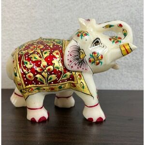 White Marble Hand Painted‎ Detailed Elephant Statue Handmade Inlay Decorative